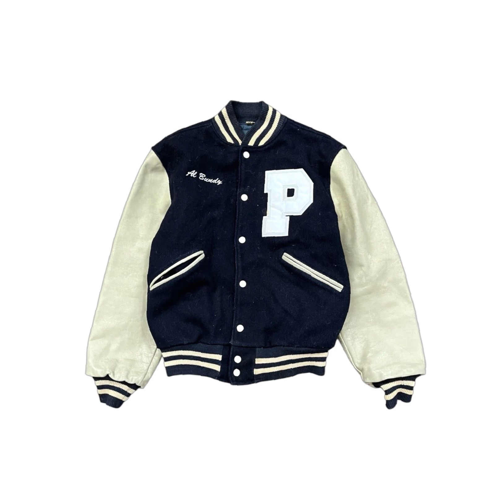 VINTAGE Married With Children Al Bundy Polk High Wool Leather Varsity Promo Jacket Vtg Blue S 80s Mens