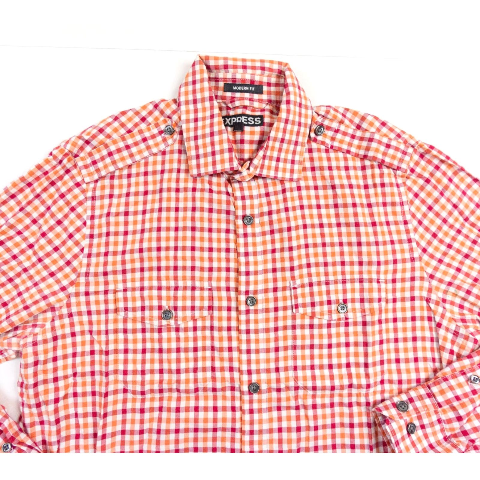 Express EXPRESS Men’s Medium Red Check Button-Up Long Sleeve Modern Fit Shirt Size US M / EU 48-50 / 2 - 2 Thumbnail