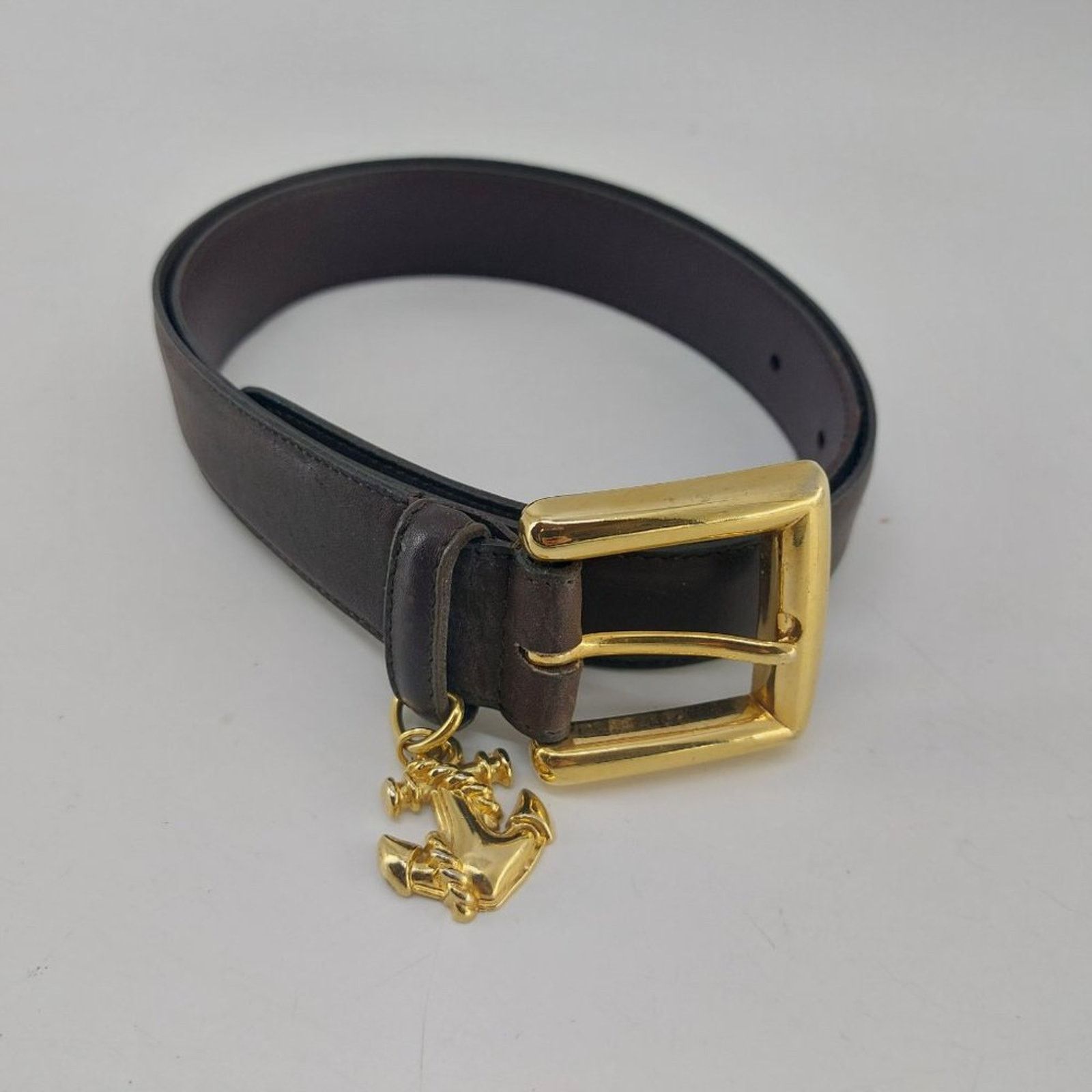 Vintage Women's Brown leather Belt Gold Buckle Anchor Nautical M L Size ONE SIZE - 14 Thumbnail