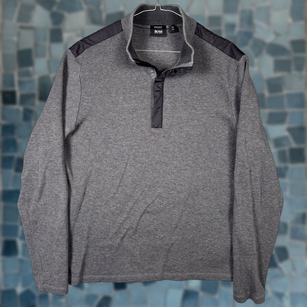Hugo Boss HUGO BOSS Sweater Mens XL 1/4 Zip Pullover Tech Knit Cotton Regular Fit Gray | Logo Knit Wool? Size US XL / EU 56 / 4 - 1 Thumbnail