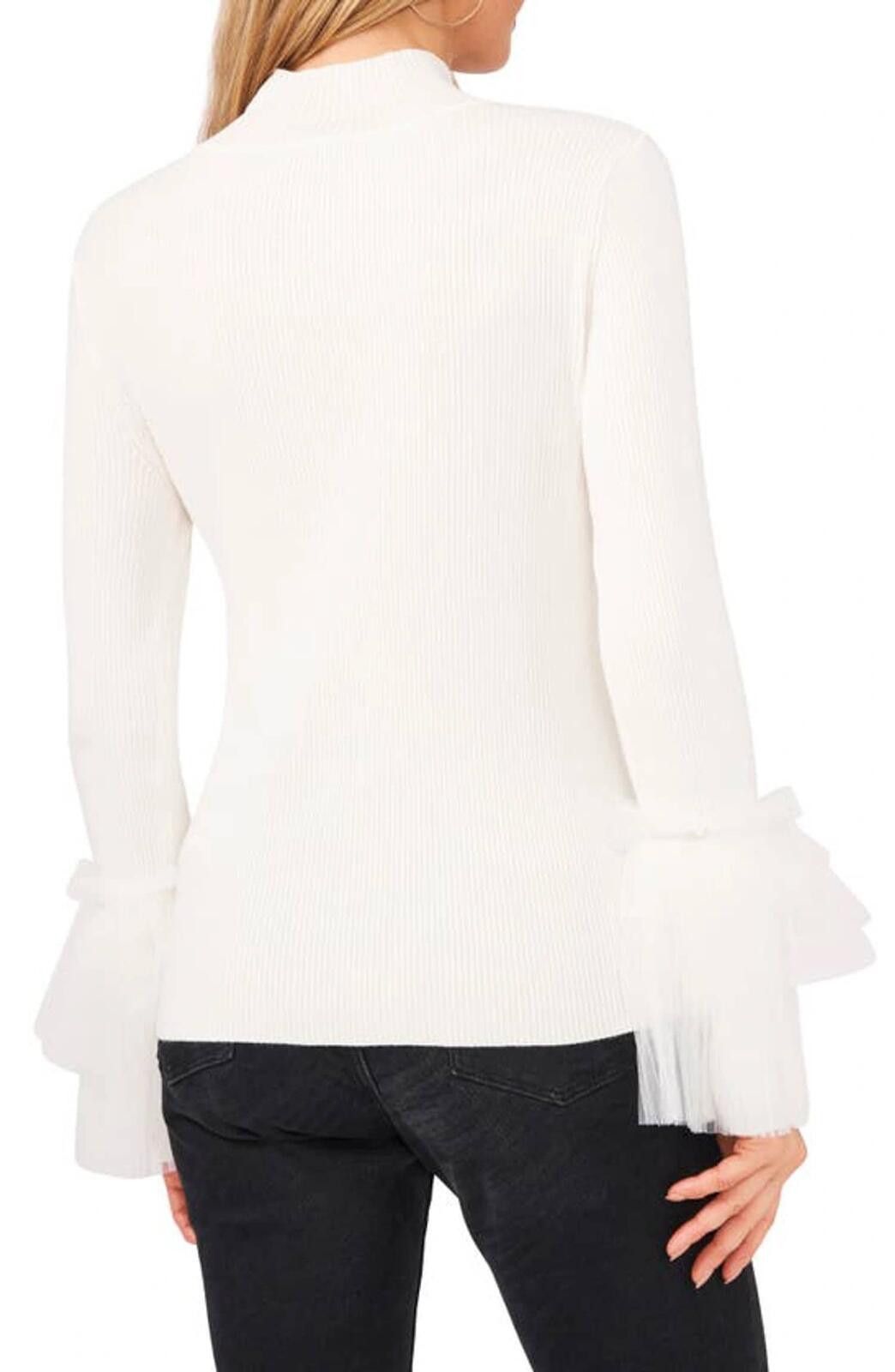 Vince Camuto Vince Camuto White Tulle & Ruffle Mock Neck Sweater Size M / US 6-8 / IT 42-44 - 2 Thumbnail