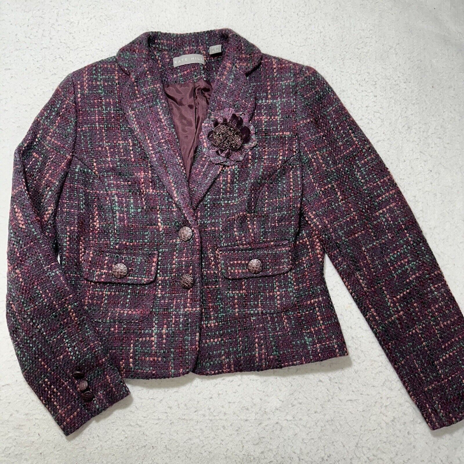 Other Kate Hill 6 Wool Blazer Purple Wooden Button Front Flower Size M / US 6-8 / IT 42-44 - 1 Thumbnail