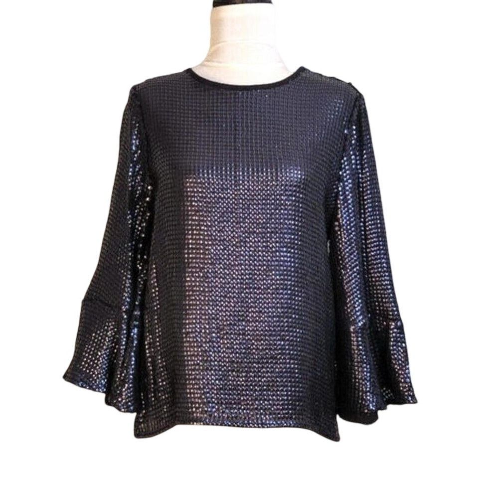 Other Trouve Navy Blue Sequin Bell Sleeve Size Small Blouse NWT Size S / US 4 / IT 40 - 2 Thumbnail