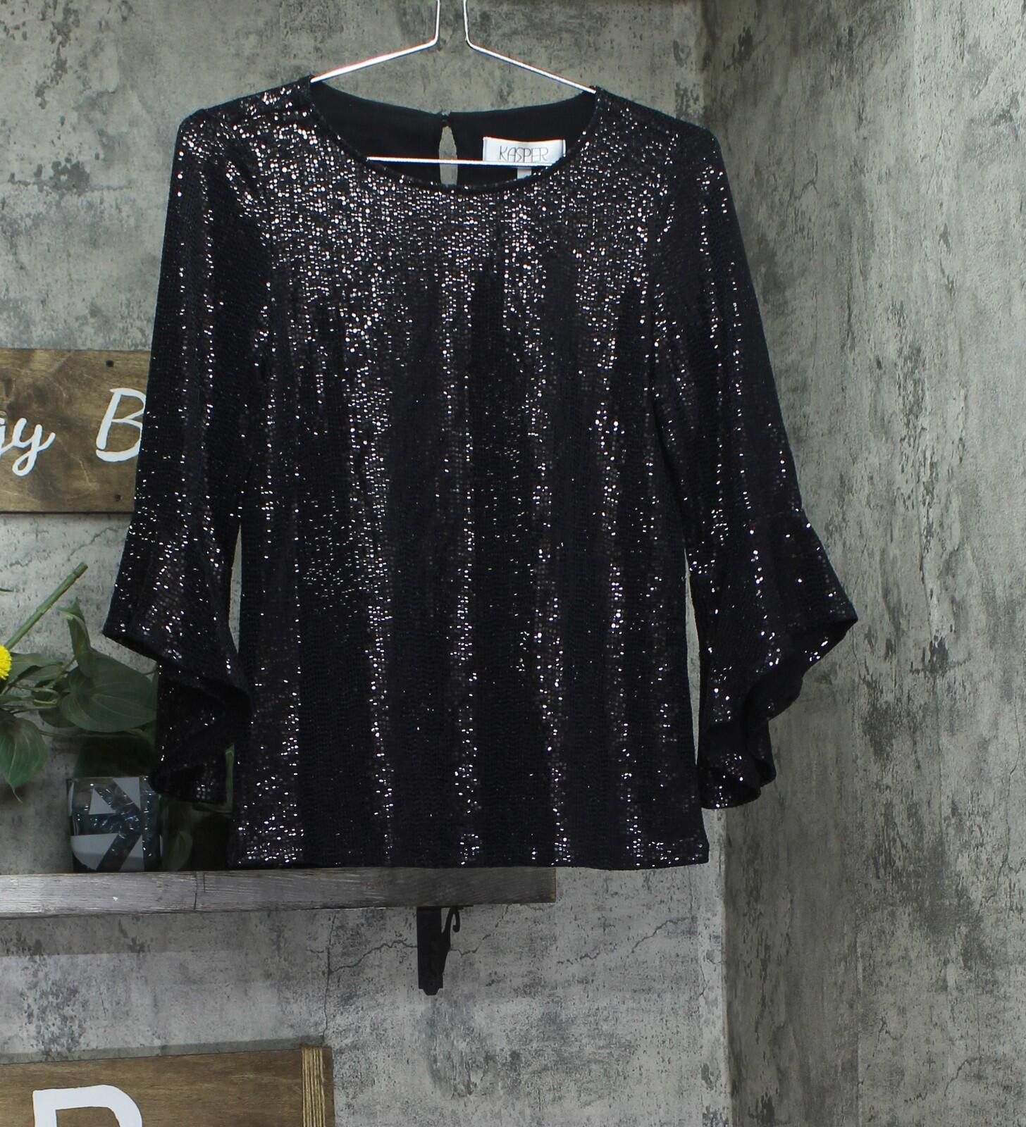 Other Nwt Kasper Sequin Ruffle Sleeve Top Blouse 10915717 Black S Size S / US 4 / IT 40 - 1 Thumbnail