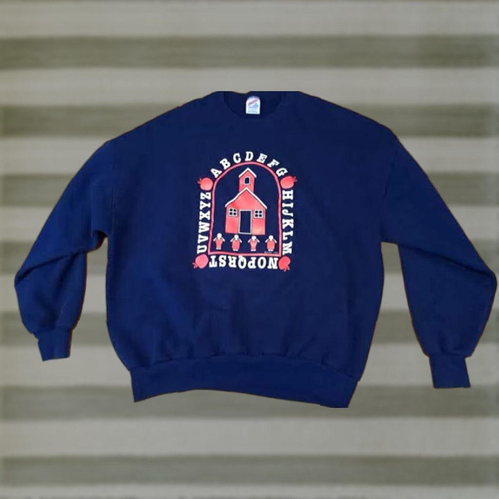 Jerzees VINTAGE Jerzees Sweatshirt 3XL Navy USA Made 1990 Schoolhouse Alphabet Teacher Unisex Adults Pullover Blue Canvas Shirt Keywords Size US XXL / EU 58 / 5 - 1 Thumbnail