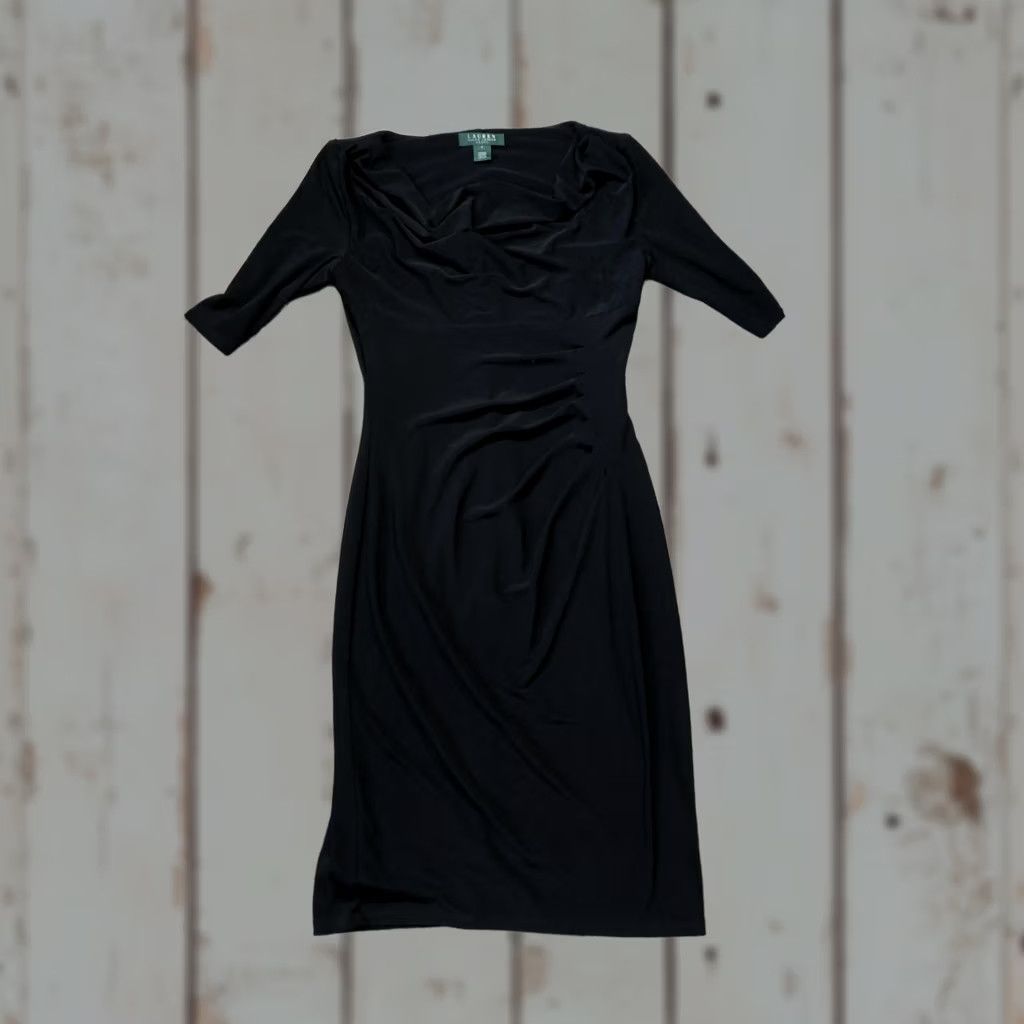 Ralph Lauren Lauren Ralph Lauren Dress Womens Medium Black Ruched Sheath Cowl Neck 3/4 Sleeve Size M / US 6-8 / IT 42-44 - 1 Thumbnail