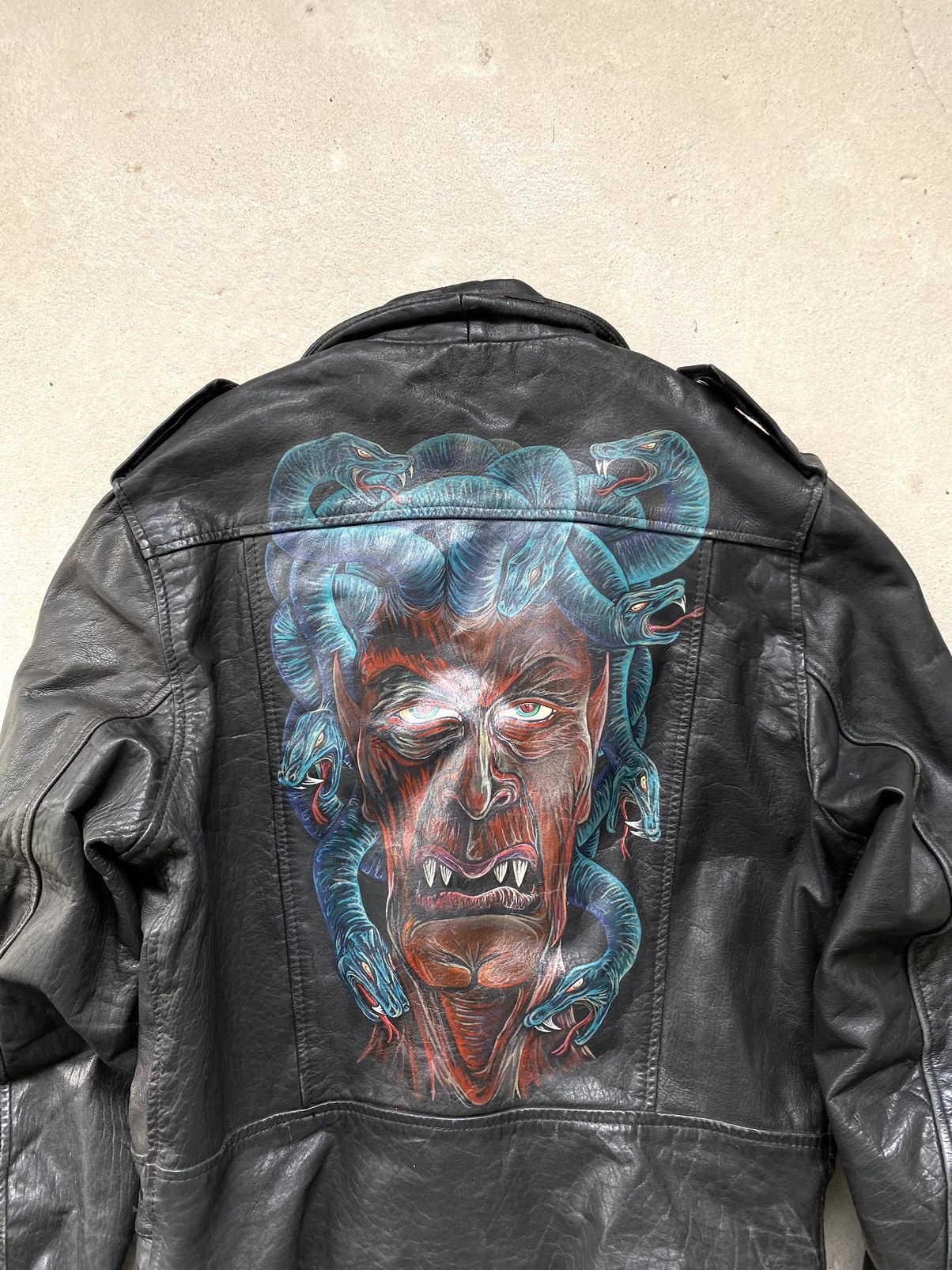 Other Rare! Vintage 70s Leather Jacket Art Face In Snakes Medusa Size US L / EU 52-54 / 3 - 13 Thumbnail