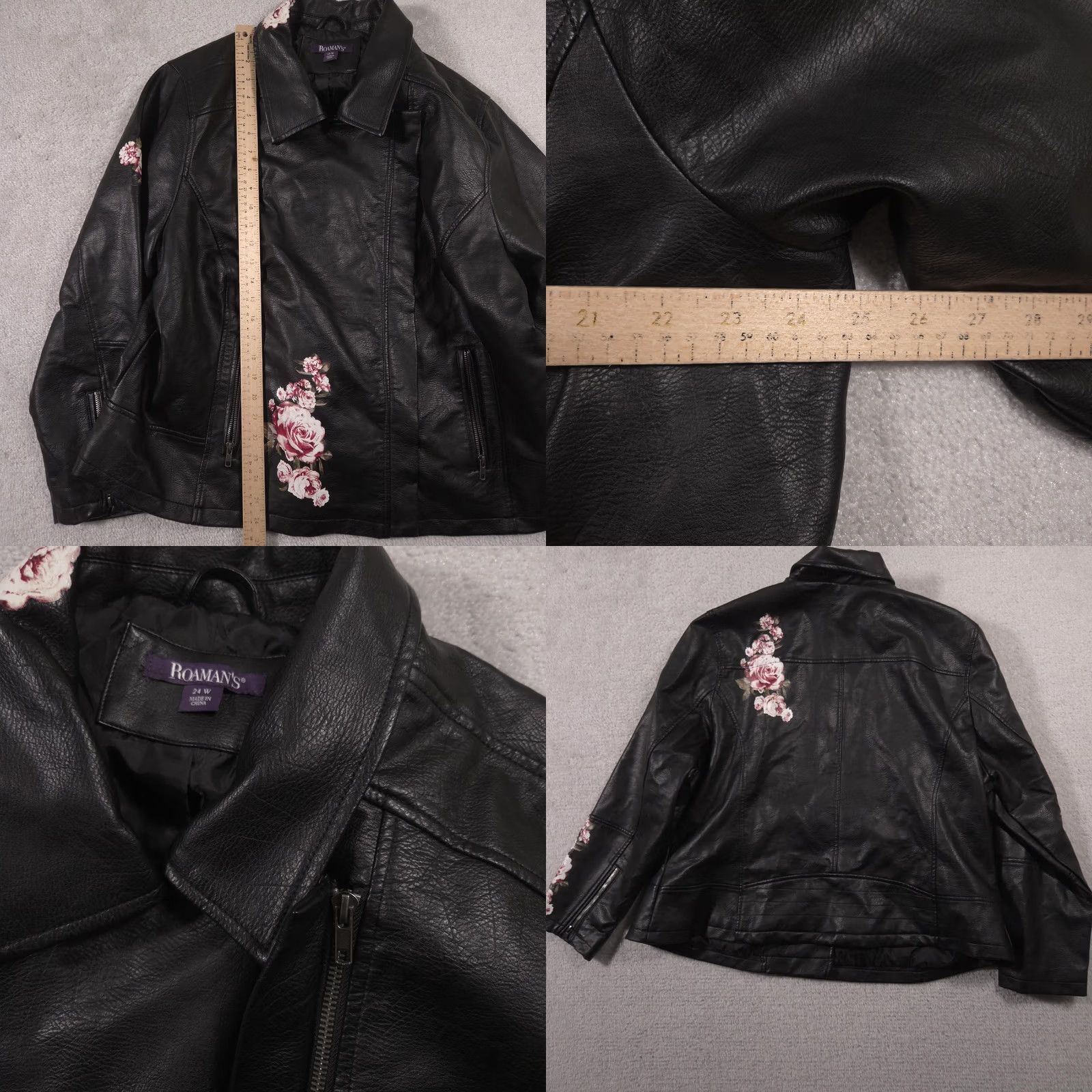 Vintage VINTAGE Roamans Jacket Womens 24W Black Faux Leather Floral Rose Moto Zip Plus Size Size 4XL / US 24-26 - 8 Thumbnail