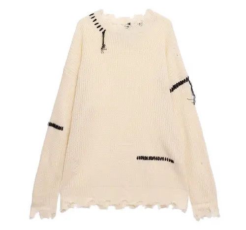 VIBE Korean fashion beige distressed knit sweater knitwear Size US L / EU 52-54 / 3 - 8 Thumbnail