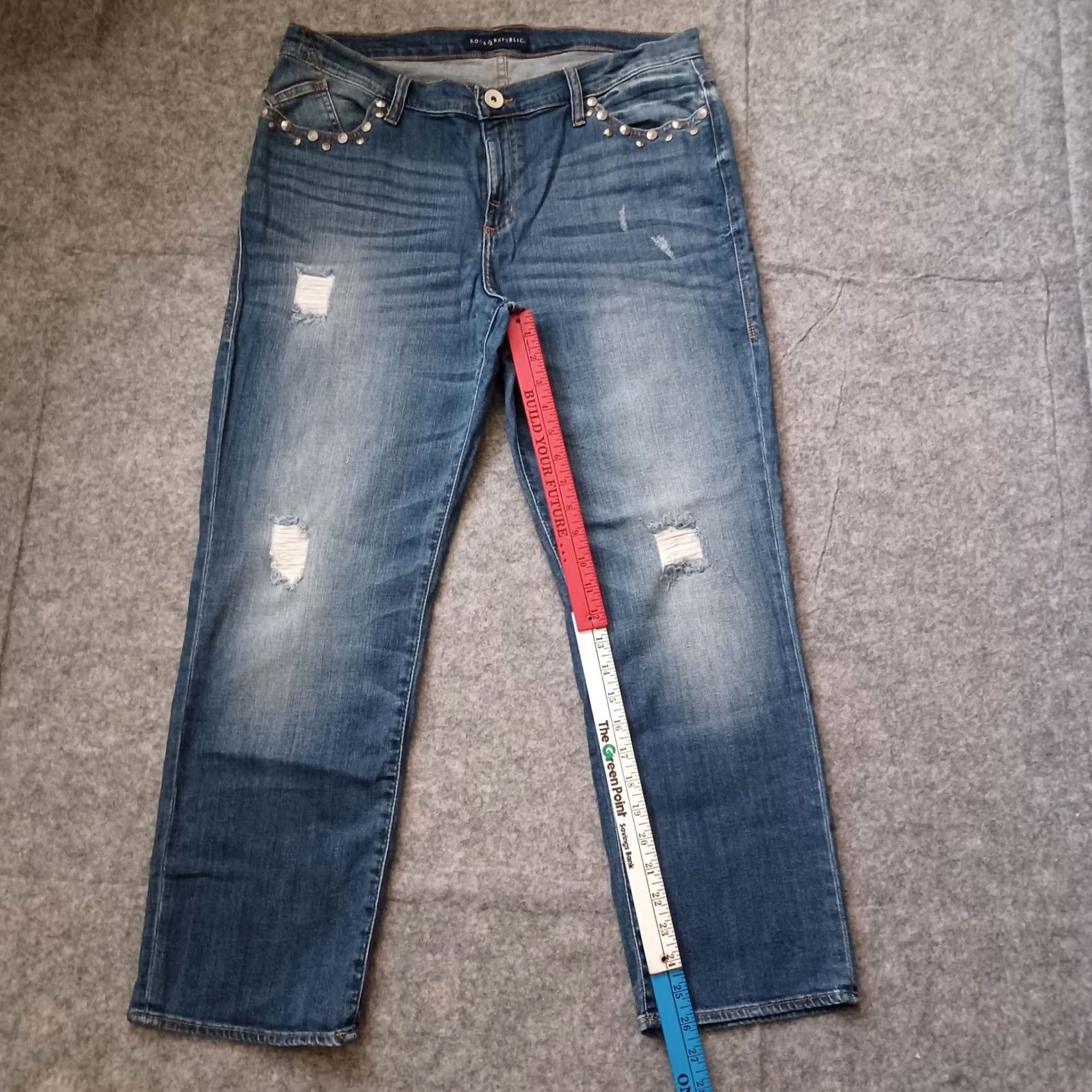 Vintage Rock & Republic Jeans 16 M Blue Indee Straight Distressed Logo Stud Pocket Denim Jeans Size 38" / US 16 / IT 52 - 4 Thumbnail