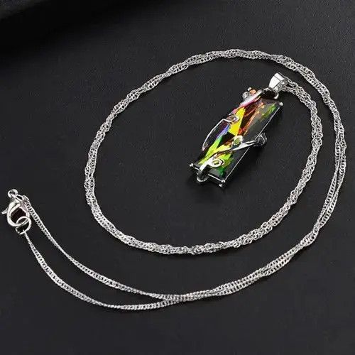 Jewelry Chrome Rainbow Stone Necklace Modern Chain Goth Ivy Leaf in Silver, Men's
