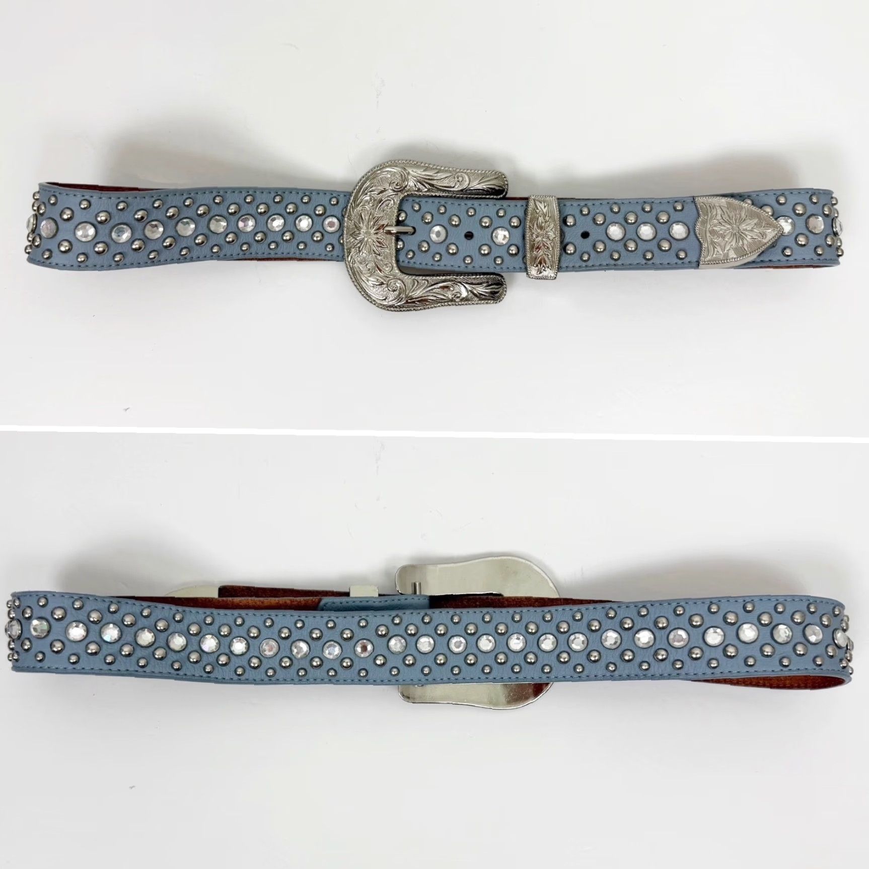 3D Western Belt Womens 36 Light Blue Leather Rhinestone Studded Buckle Cowboy Rodeo