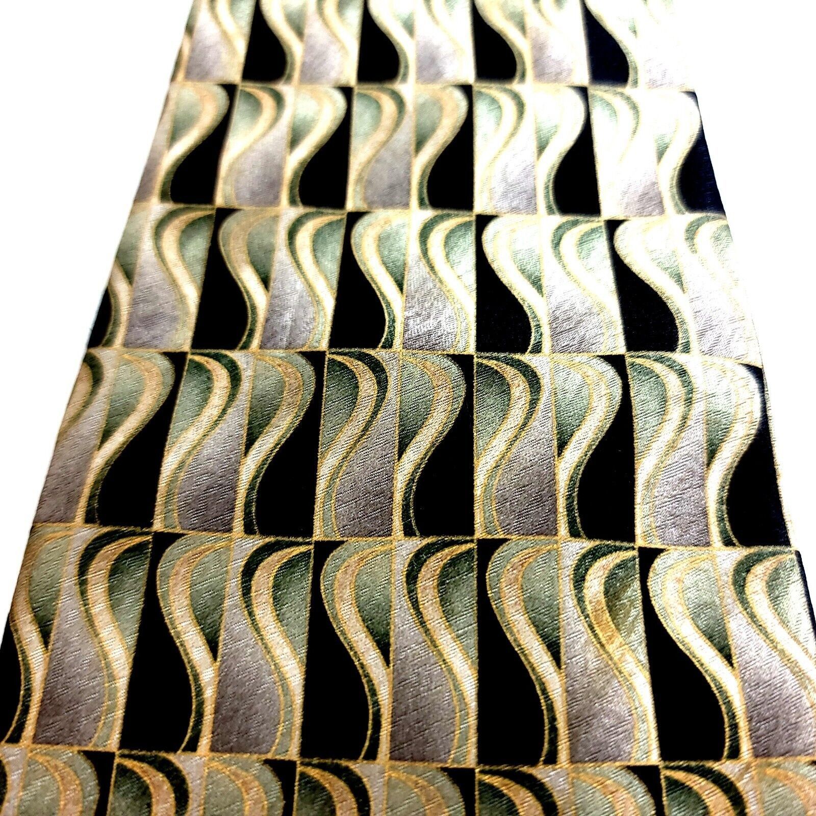 Designer Unbranded Black Tan Green Abstract Print Geometric Wide Silk Size ONE SIZE - 2 Thumbnail