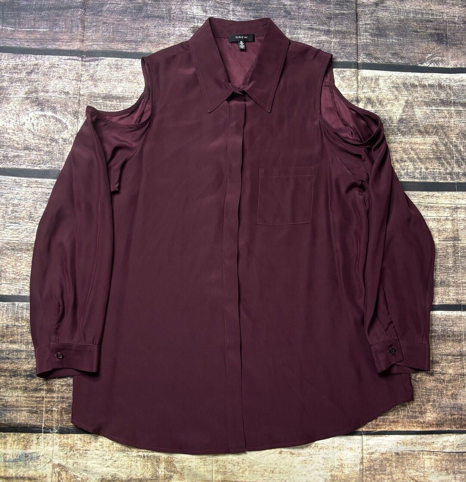 Drew House Drew Top Women's XL 100% Silk Button Cold Shoulder Burgundy Size XL / US 12-14 / IT 48-50 - 1 Thumbnail