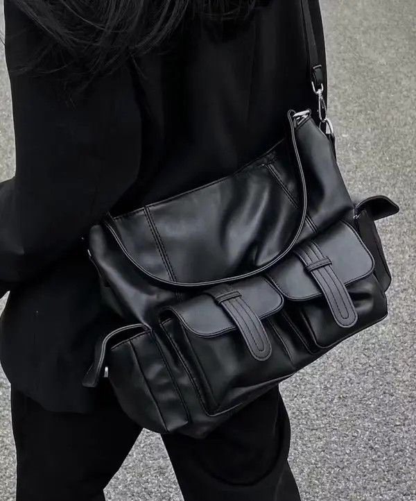 image of Fashion Y2K Faux Leather Messenger Shoulder Bag in Black, Men's