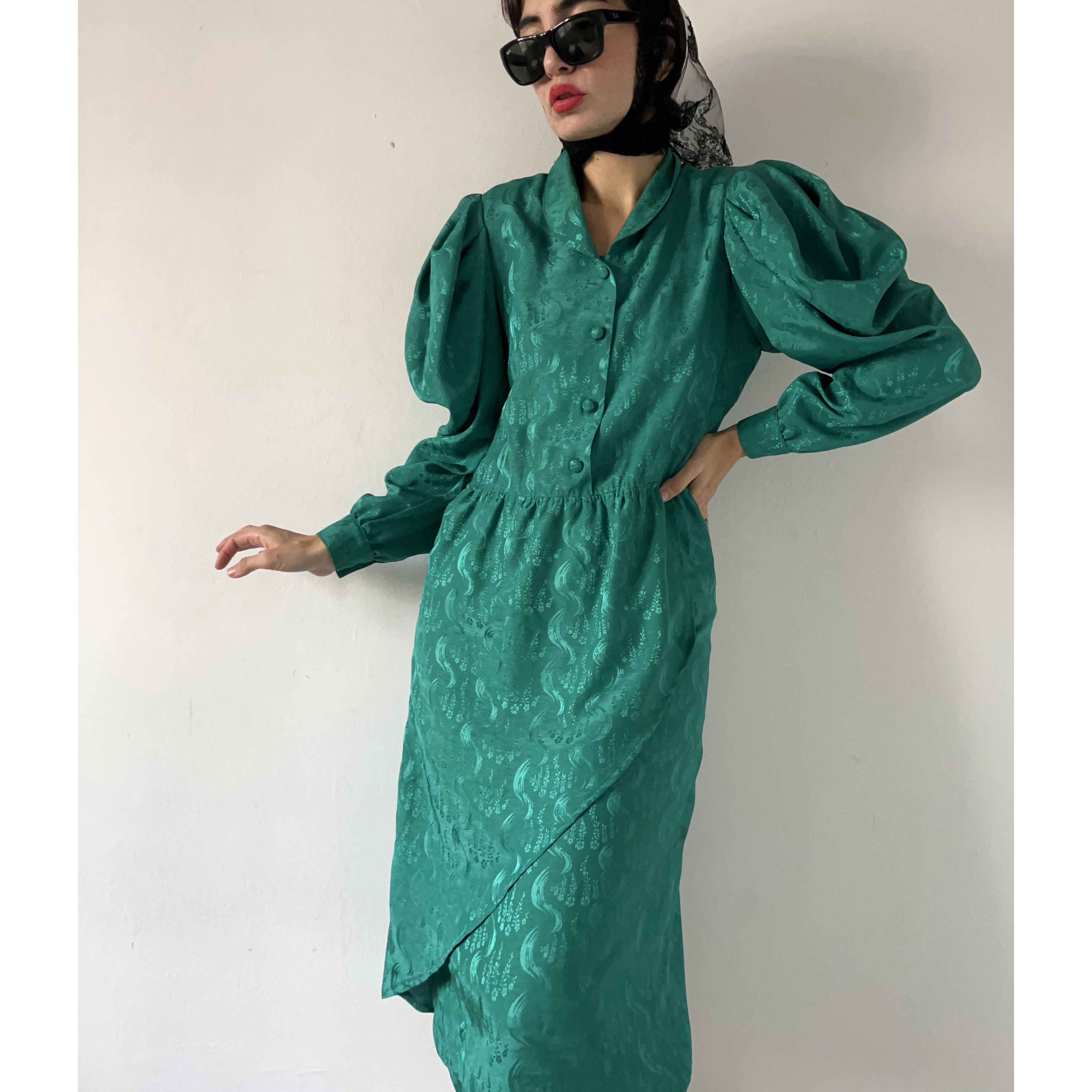 Vintage 80s Puff Sleeves Green Midi Dress - www.rajagirimanappuram.com