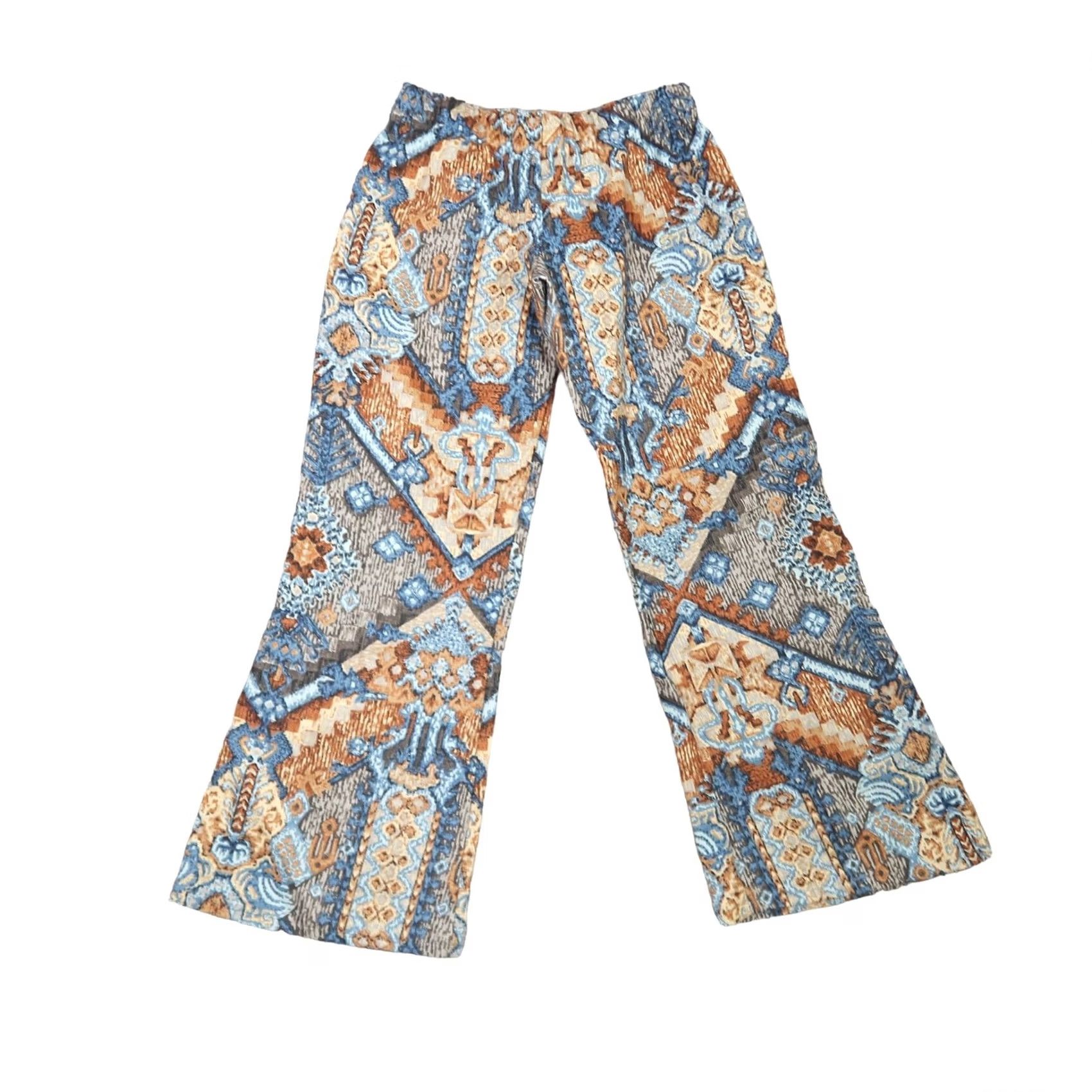 Vintage VINTAGE blue and brown tapestry print low rise flare pants S Women Pants Flared Casual 90s? Size 28" / US 6 / IT 42 - 3 Thumbnail