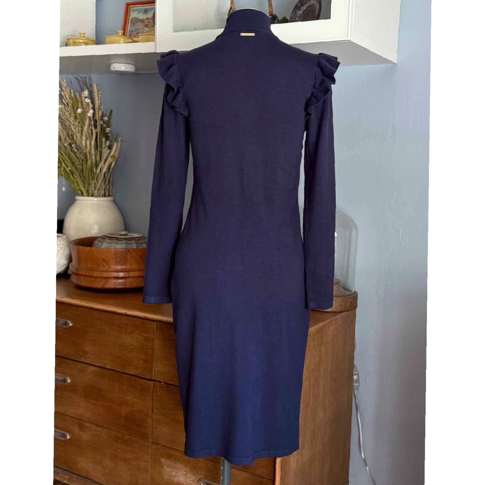 Michael Kors Michael Kors Navy Blue Ruffle Shoulder Sheath Viscose Blend Knit Dress Size S Size S / US 4 / IT 40 - 4 Thumbnail