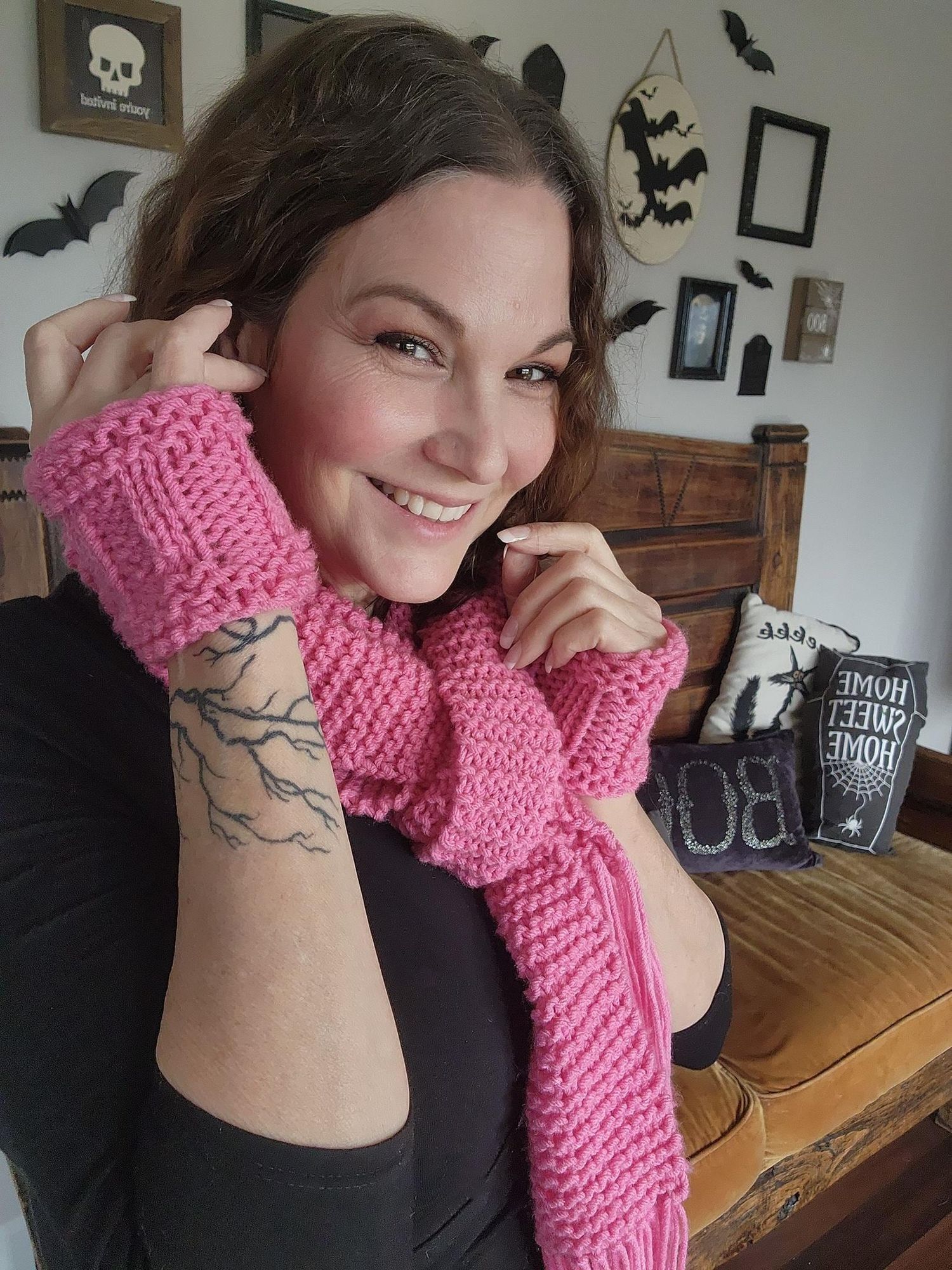 Handmade Hand Knit Fingerless Gloves, Armwarmers in Pink, One of a Ki Size ONE SIZE - 6 Thumbnail