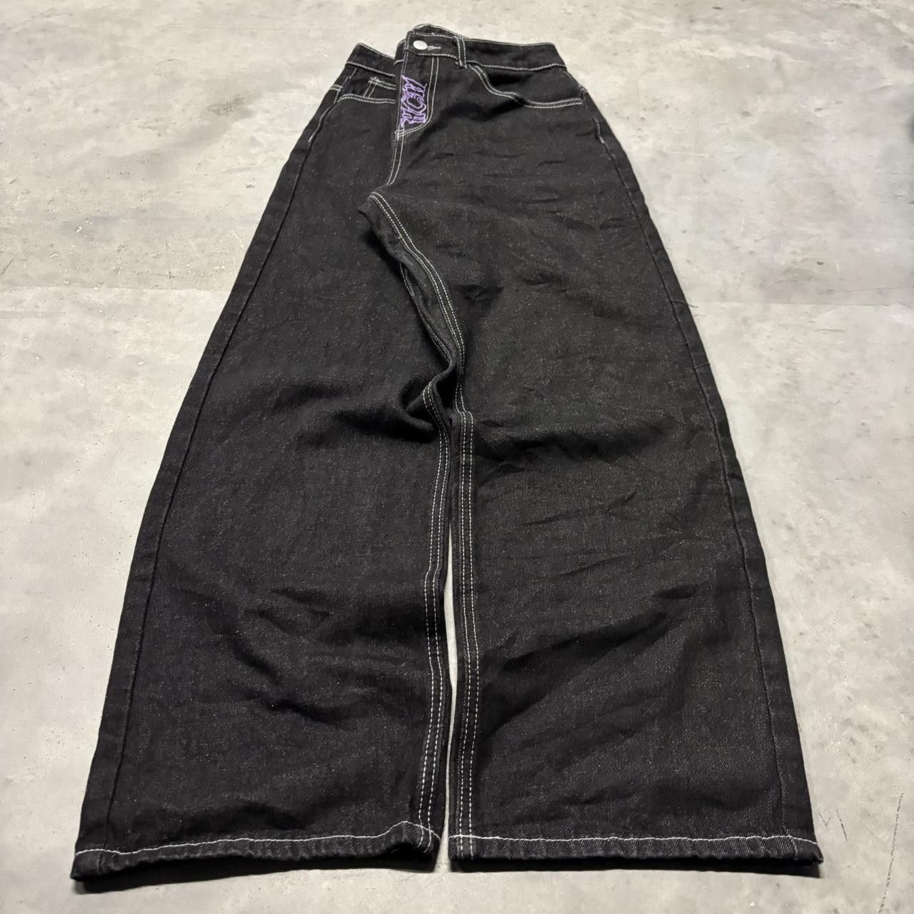 Japanese Brand × Vintage Crazy Vintage Y2K/2000s Black Grunge Embroidered Design Skater Streetwear Denim Jeans! Size US 29 - 3 Thumbnail