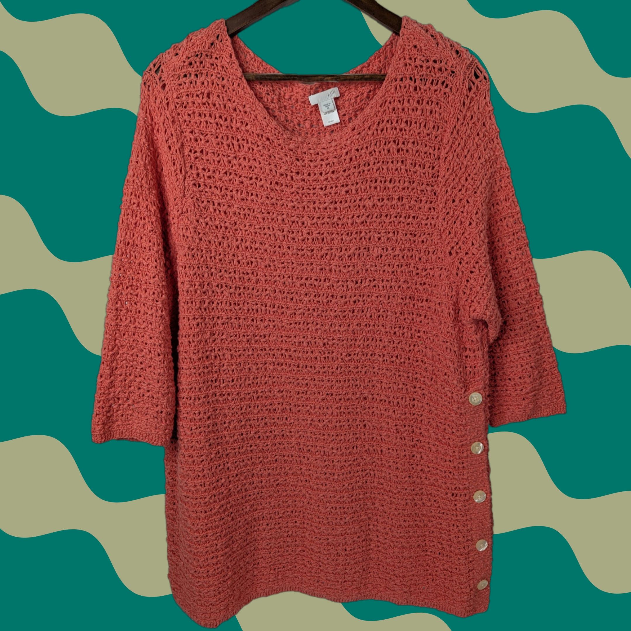 J Jill Chunky-Knit Sweater 3/4 Sleeve Tunic XL Pink Coral Boho Bohemian Casual Shirt Womens