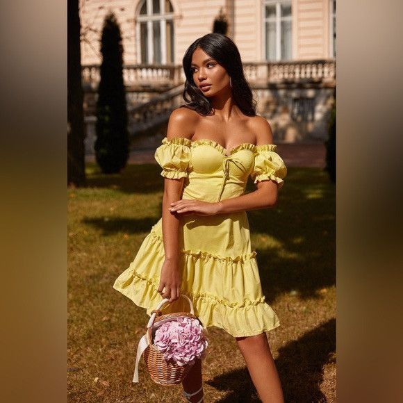 Alamour The Label Yellow Puff Sleeve Mini Dress Size M