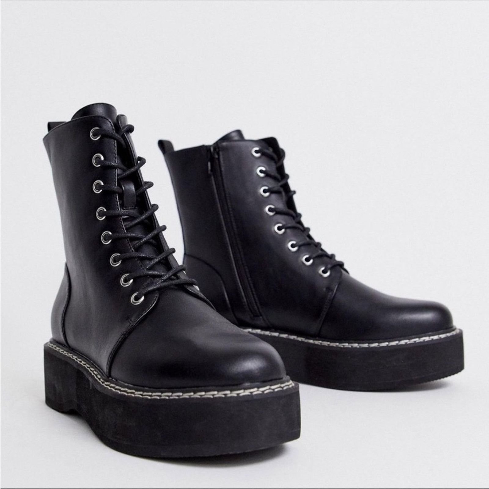 Asos ASOS Black Lug Platform Heel Lace Up Moto Combat Ankle Boots Size US 9 / IT 39 - 1 Thumbnail