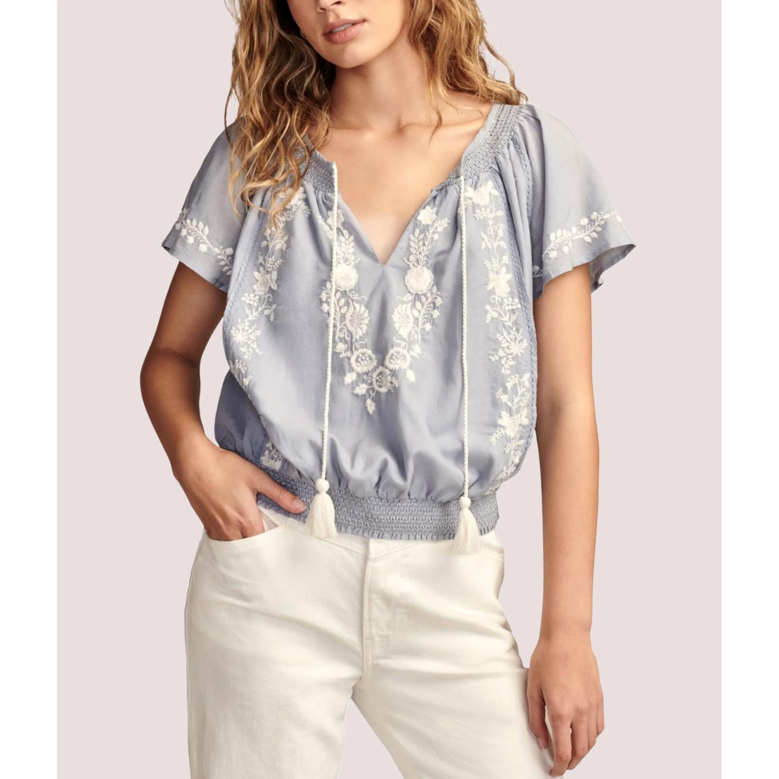 Lucky Brand Lucky Brand Womens Tassle Tie Neck Peasant Blouse XL Blue Size XL / US 12-14 / IT 48-50 - 1 Thumbnail