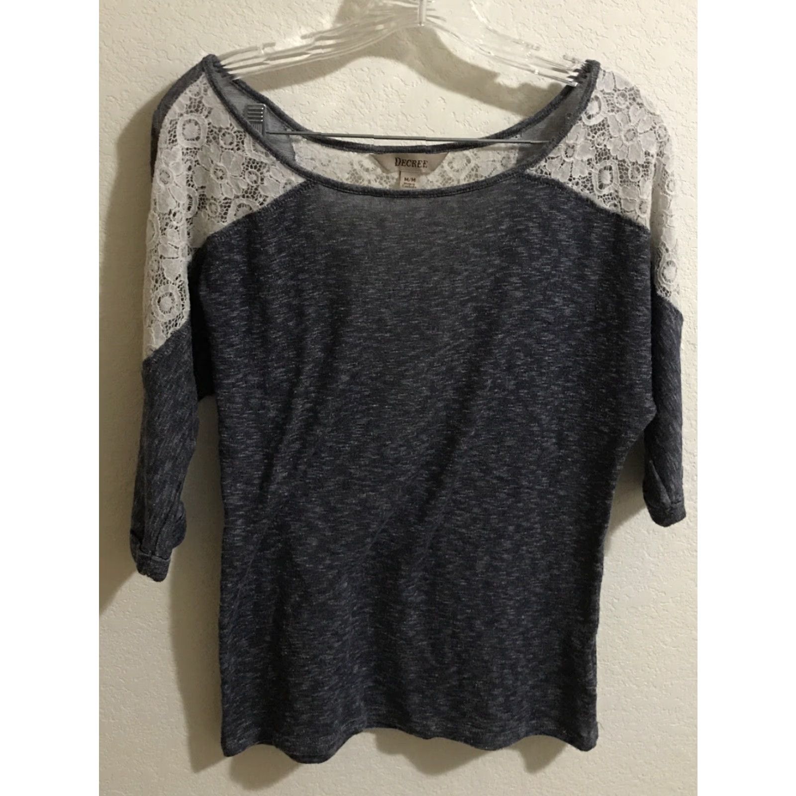Decree Decree Dark Gray Top Shirt B763 Lace Shoulders Back 3/4 Sleeve Round Neck M Women Regular Knit Stretch Heathered Gray-Blue-Gray Size M / US 6-8 / IT 42-44 - 2 Thumbnail