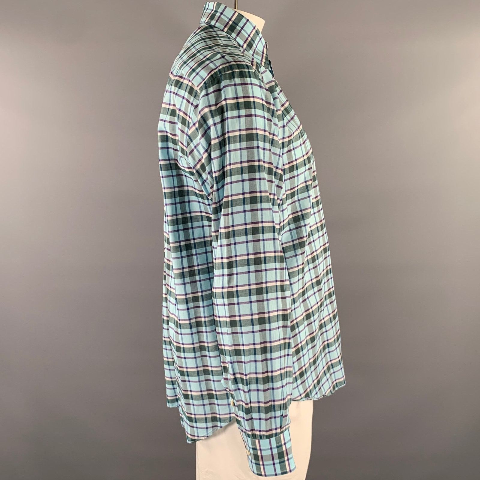 Brioni BRIONI L Blue Purple Green Plaid Cotton Pointed Collar Shirt Size US L / EU 52-54 / 3 - 3 Thumbnail