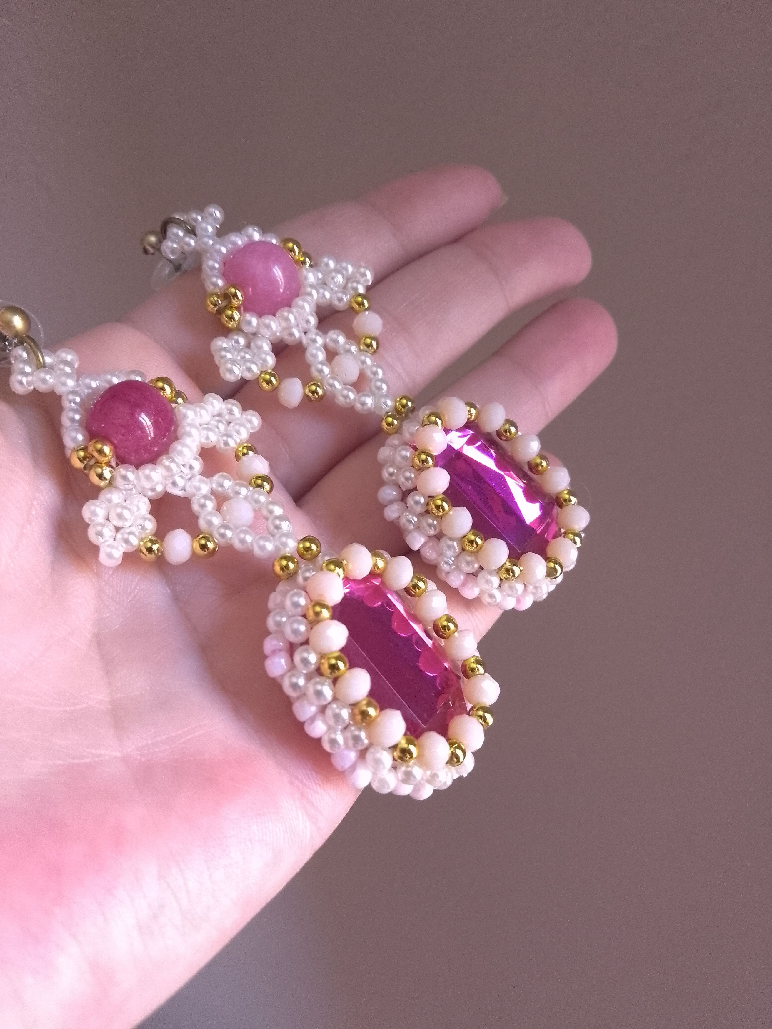Handmade Vintage style earrings zirconia natural pink jade gemstones Size ONE SIZE - 7 Thumbnail