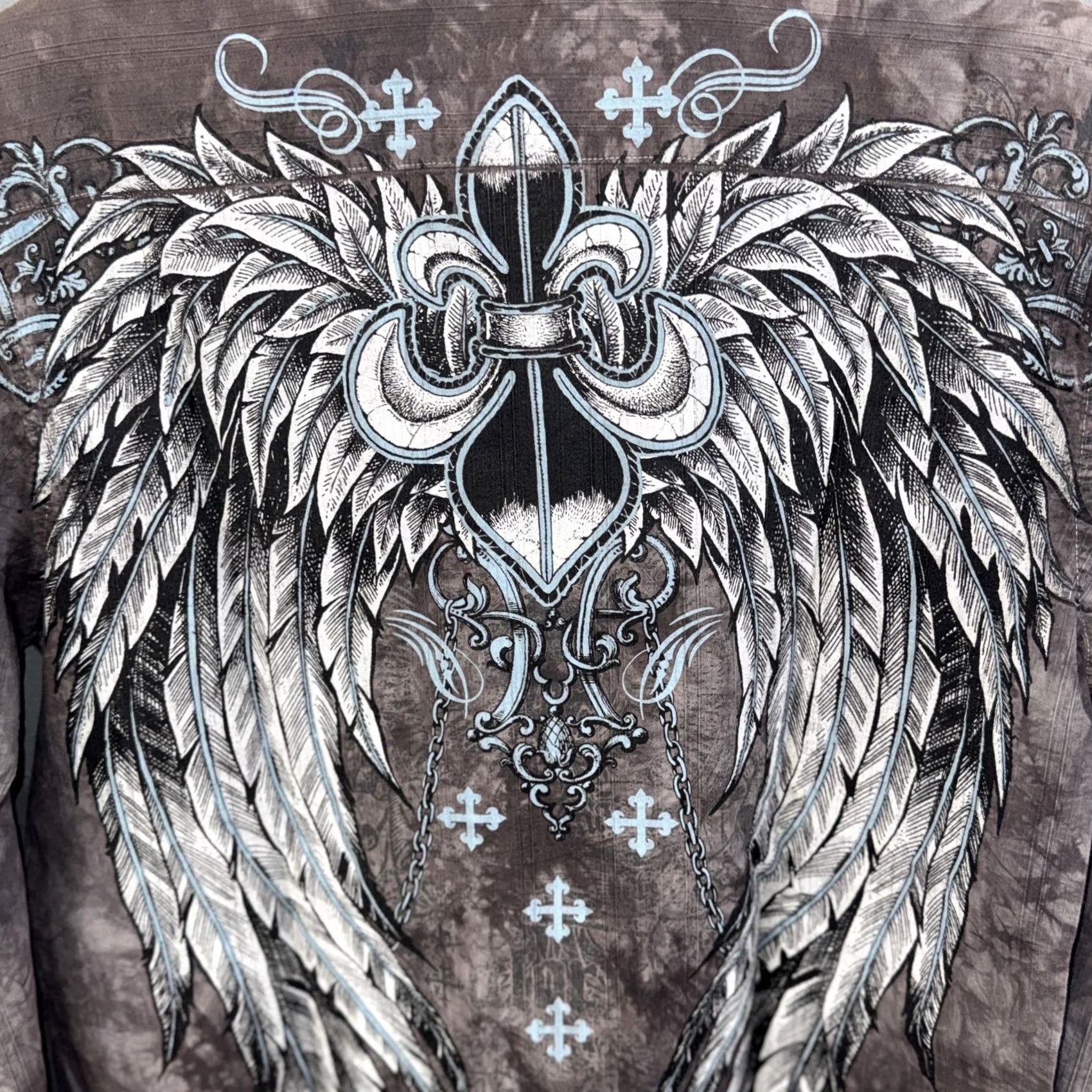 Vintage VINTAGE Eighty Eight Shirt Mens Medium Gray Tie Dye Button Down Fleur de Lis Wings Print Size US M / EU 48-50 / 2 - 3 Thumbnail
