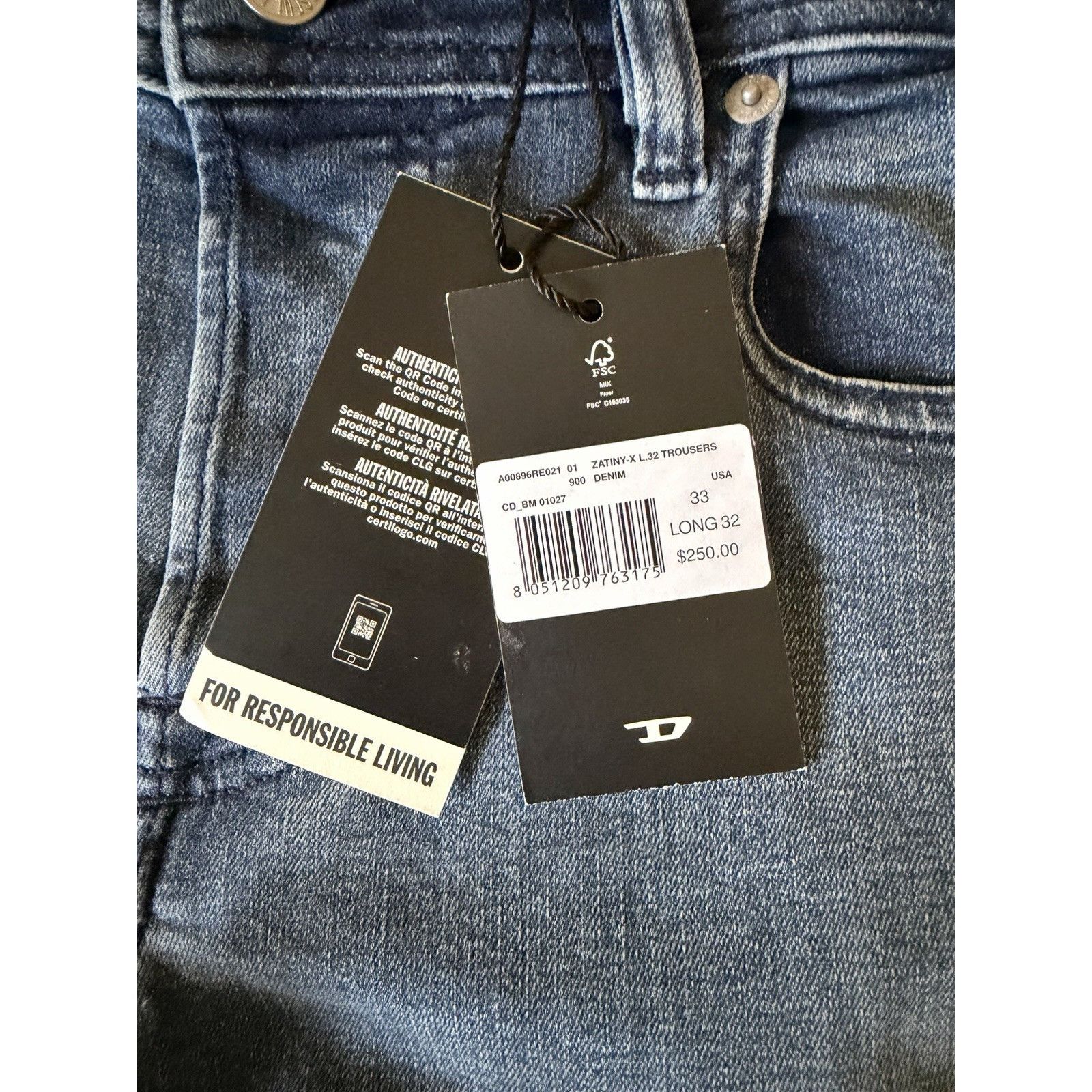 Diesel Diesel Mens Zatiny Slim Bootcut Jeans RE021 Blue Size 33/32 Size US 33 - 7 Thumbnail