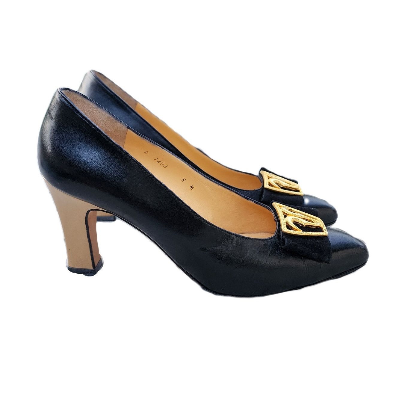 Other Chantal Leather Gold-Tone Applique Contrast Block Heel Pumps Size US 8 / IT 38 - 2 Thumbnail