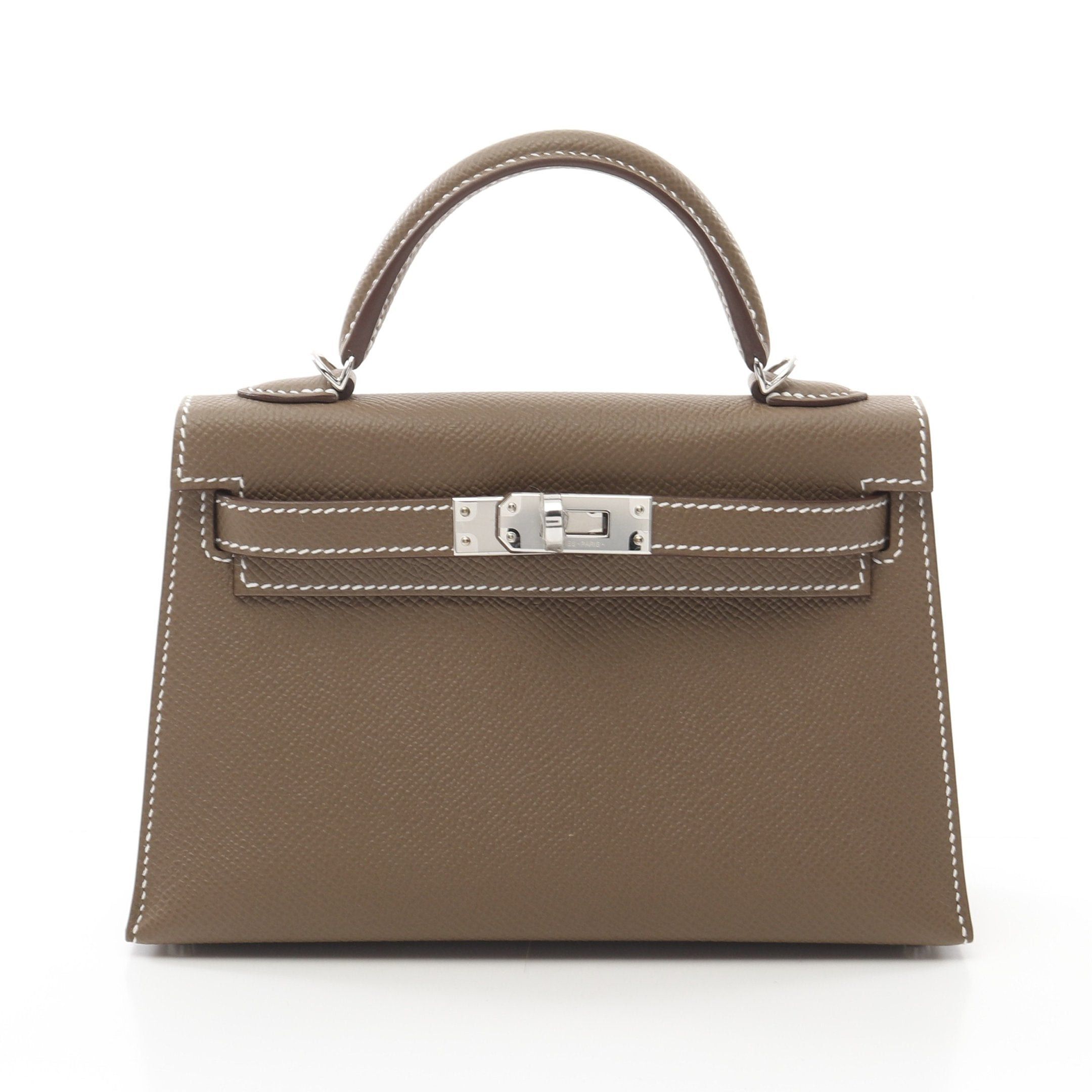 Hermes Mini Kelly 2 Etoupe Handbag Veau Epsom Gray Brown Silver Hardware Outside Sewing Double Engraved