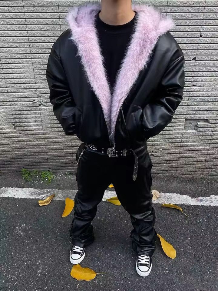 Other Y2k Fur Streetwear PU Leather Vintage Hooded Jacket Coat Size US L / EU 52-54 / 3 - 4 Thumbnail