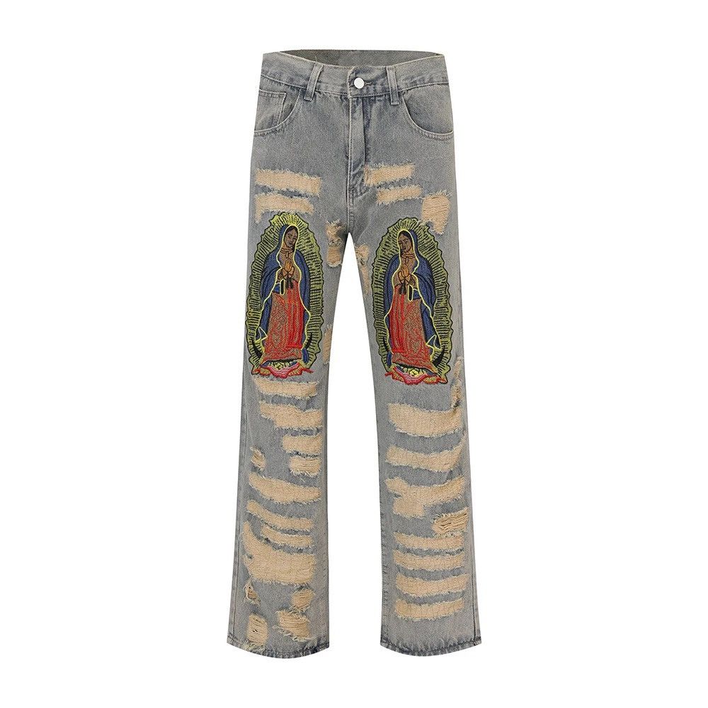 image of Vintage Y2K Hole Distressed Embroidery Baggy Denim in Blue, Men's (Size 31)