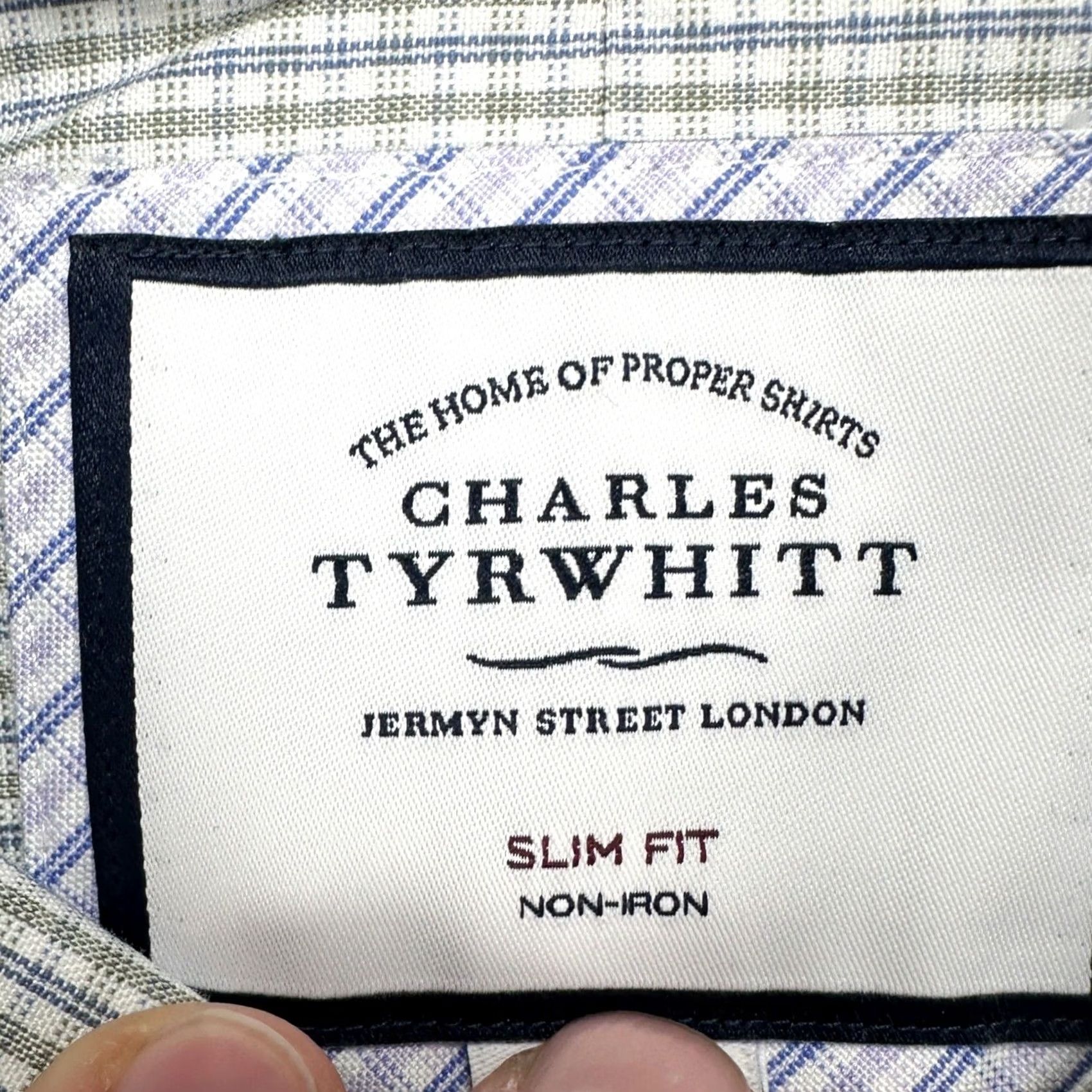 Charles Tyrwhitt Charles Tyrwhitt Mens Dress Shirt Green Blue Plaid Slim Fit Long Sleeve 17-37 Button-Down Collared Shirt Mens Size 46R - 4 Thumbnail
