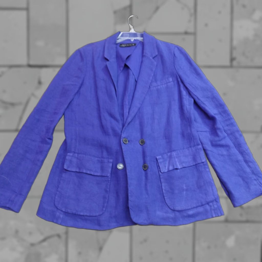 Zara Zara Blazer Womens Double-Breasted 100% Linen Blue Regular L Peak Lapel Solid Jacket Coat Shirt Tuxedo Knit? Size L / US 10 / IT 46 - 1 Thumbnail