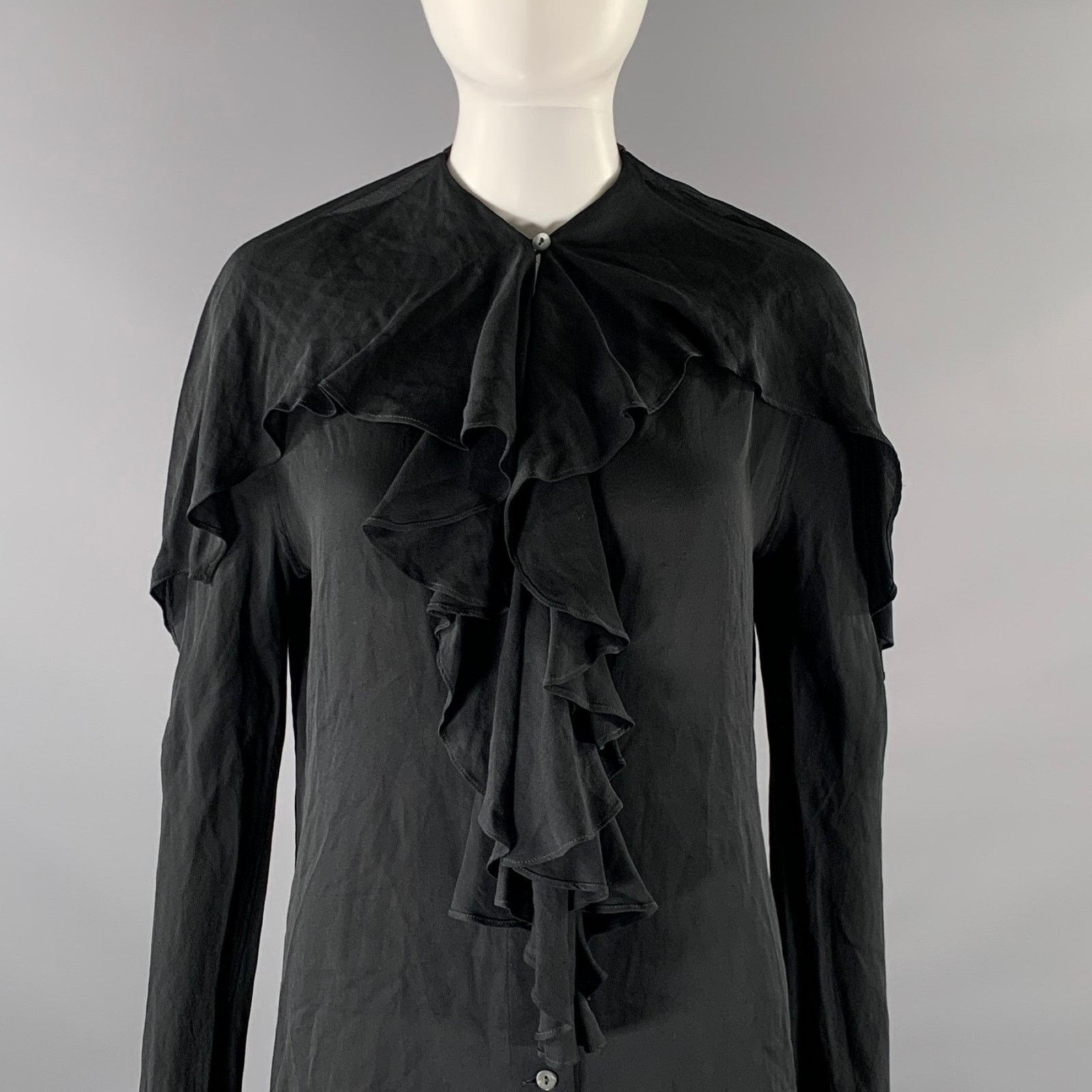 Jil Sander JIL SANDER Size 0 Black Silk Ruffled Blouse Size XS / US 0-2 / IT 36-38 - 2 Thumbnail