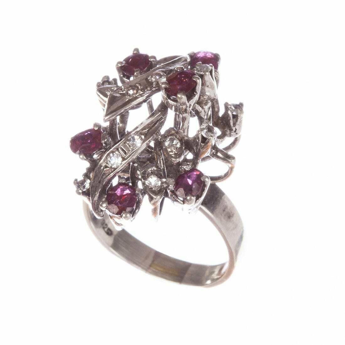 Designer Art Deco Sterling Silver Ruby White Sapphire Cocktail Ring Size ONE SIZE - 2 Thumbnail