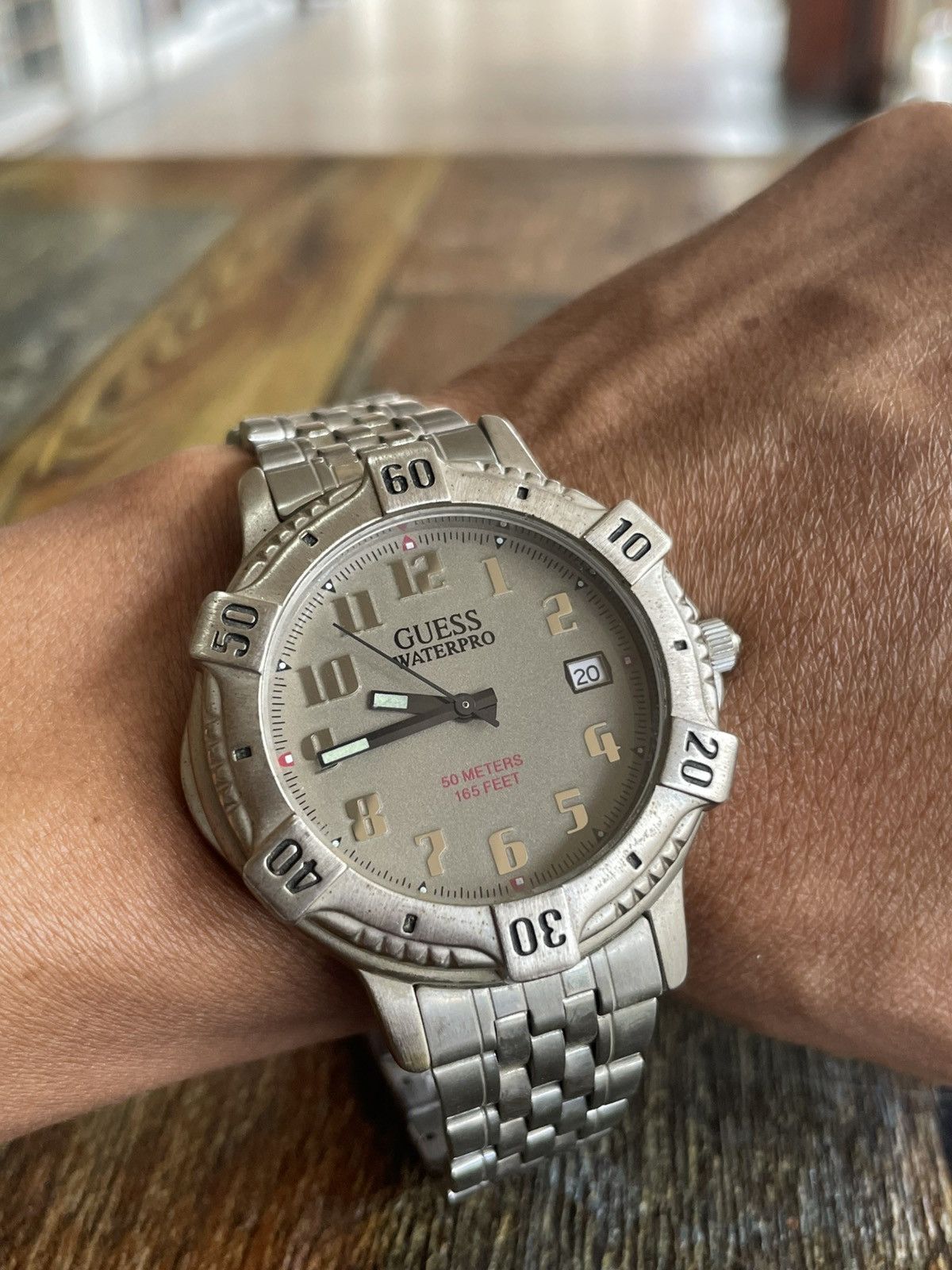 90's Guess Waterpro Diver Quartz Watch Japan Movement Working in Silver, Men's