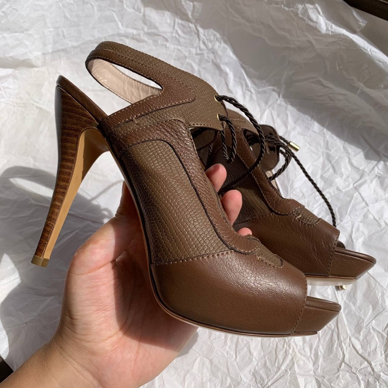 Escada × Vintage Escada vintage brown leather gladiators on heels Size US 8 / IT 38 - 1 Thumbnail