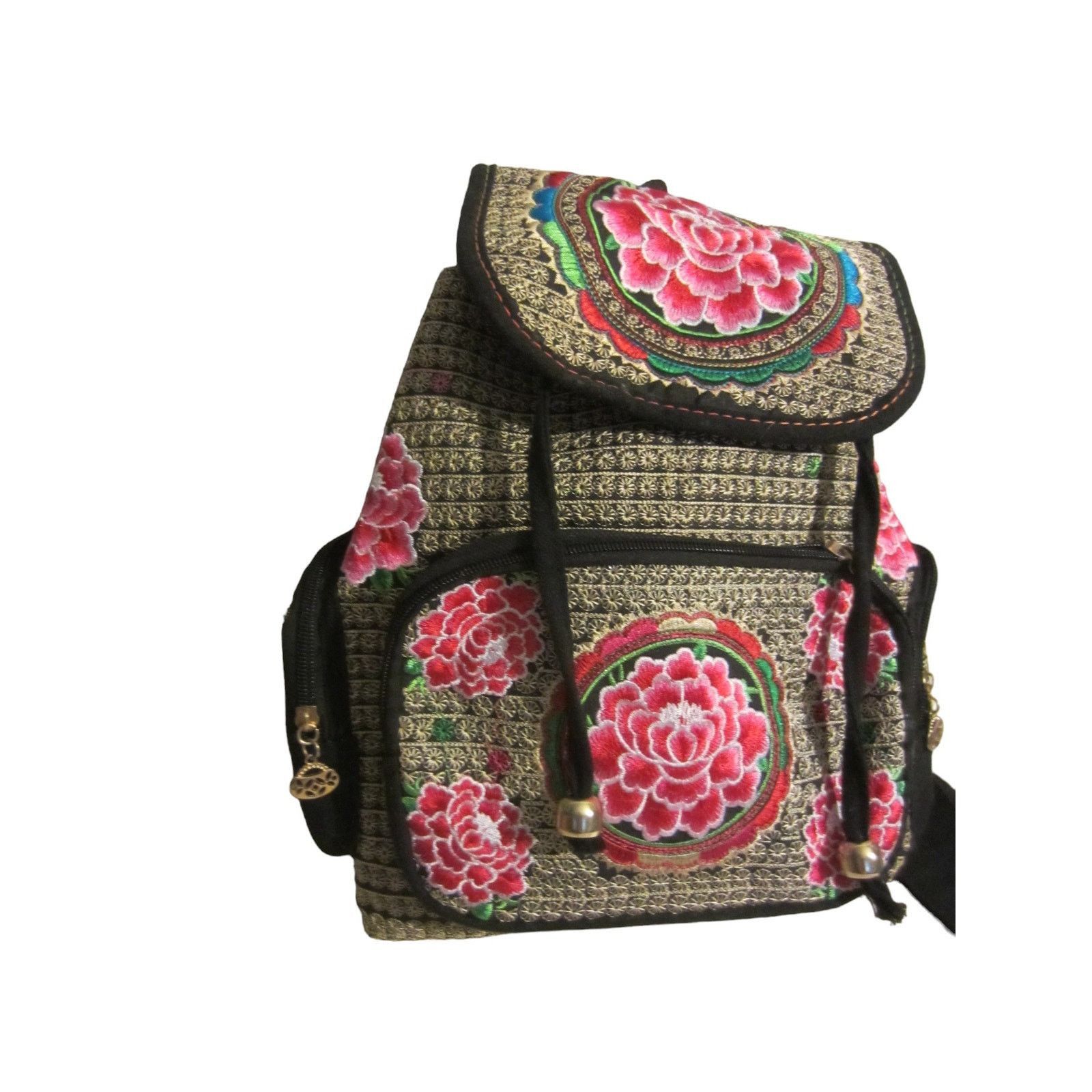 Vintage Boho Embroidered Floral Backpack Black Red Rose Folk Size ONE SIZE - 3 Thumbnail