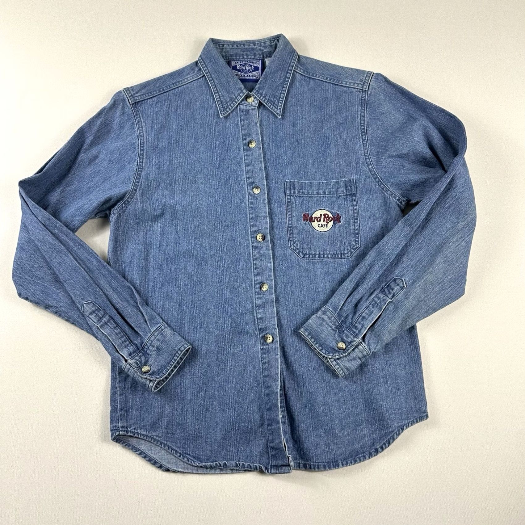 Hard Rock Cafe VINTAGE Hard Rock Cafe Denim Jean Shirt Women M Blue Long Sleeve Embroidered Guitars Button-Up Style Basic Shirt Size M / US 6-8 / IT 42-44 - 3 Thumbnail