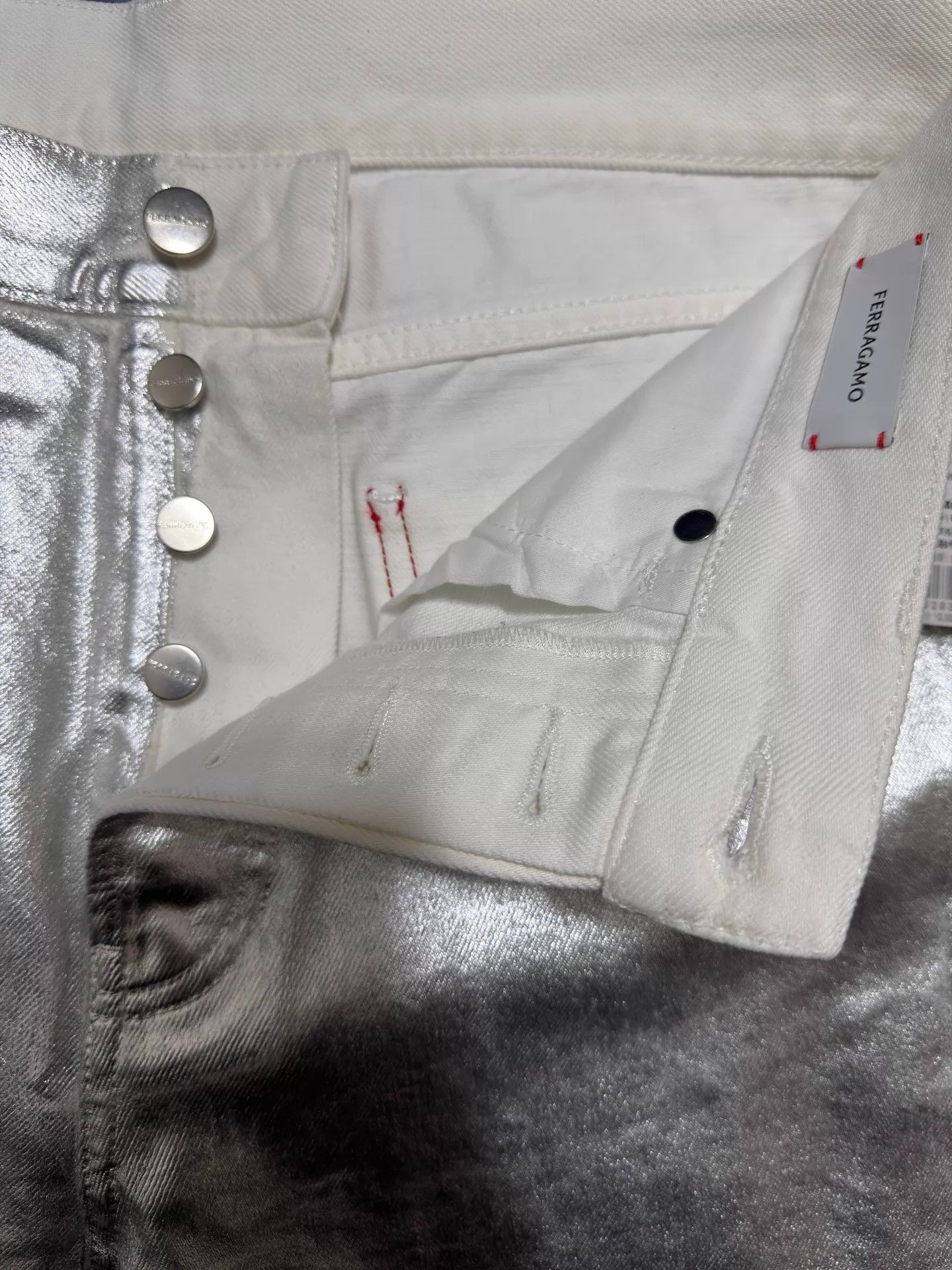 Salvatore Ferragamo SF Coated Silver High-Waist Straight Leg Jeans 48-50 Size US 32 / EU 48 - 4 Thumbnail