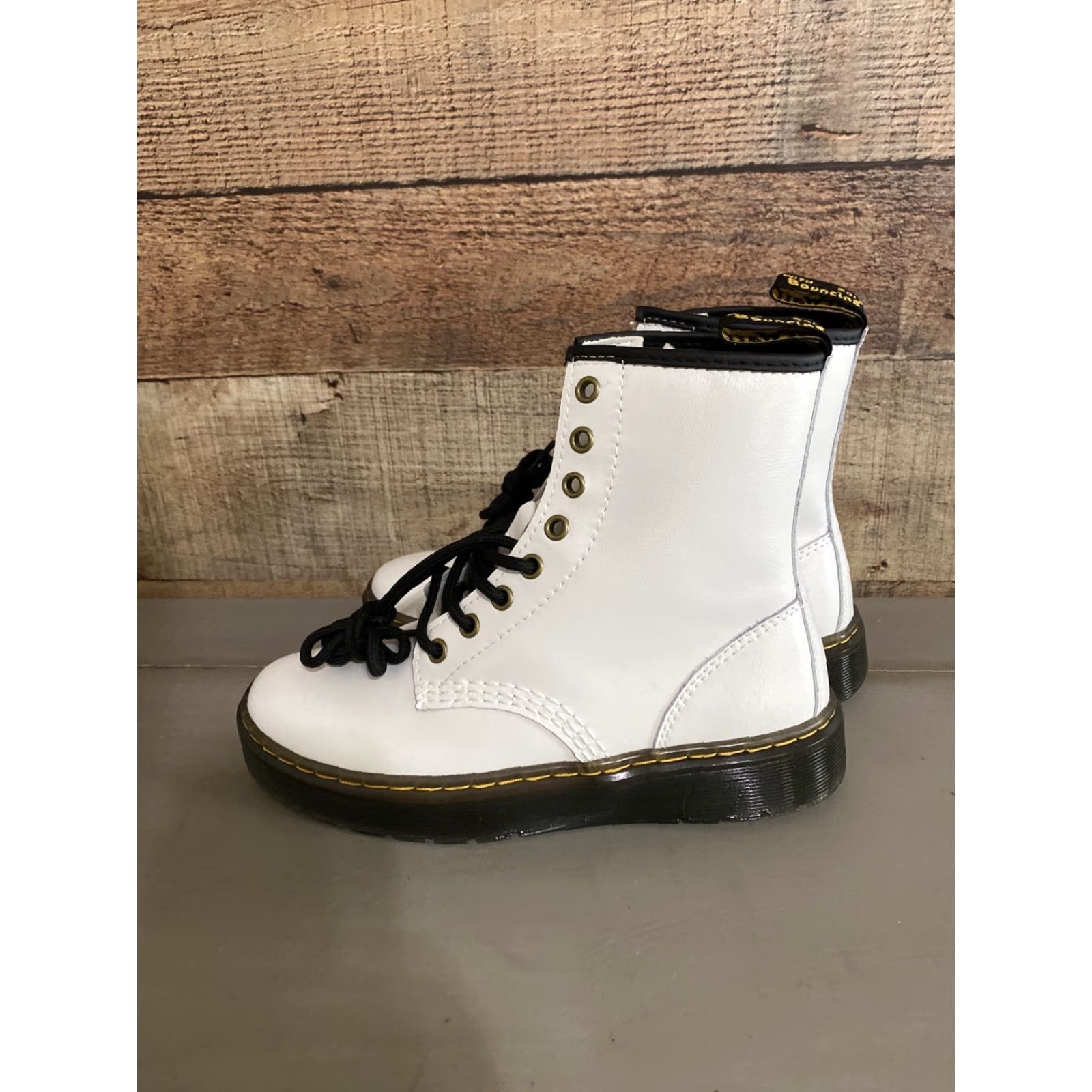 Dr. Martens Dr. Martens Zavala White/Black Combat Boots Women’s Size 5 - Leather, Ankle, Lace Up, Mid Heel, Rubber Outsole, Cushioned, Eyelet Logo - Men/Women? Size US 5 / IT 35 - 4 Thumbnail