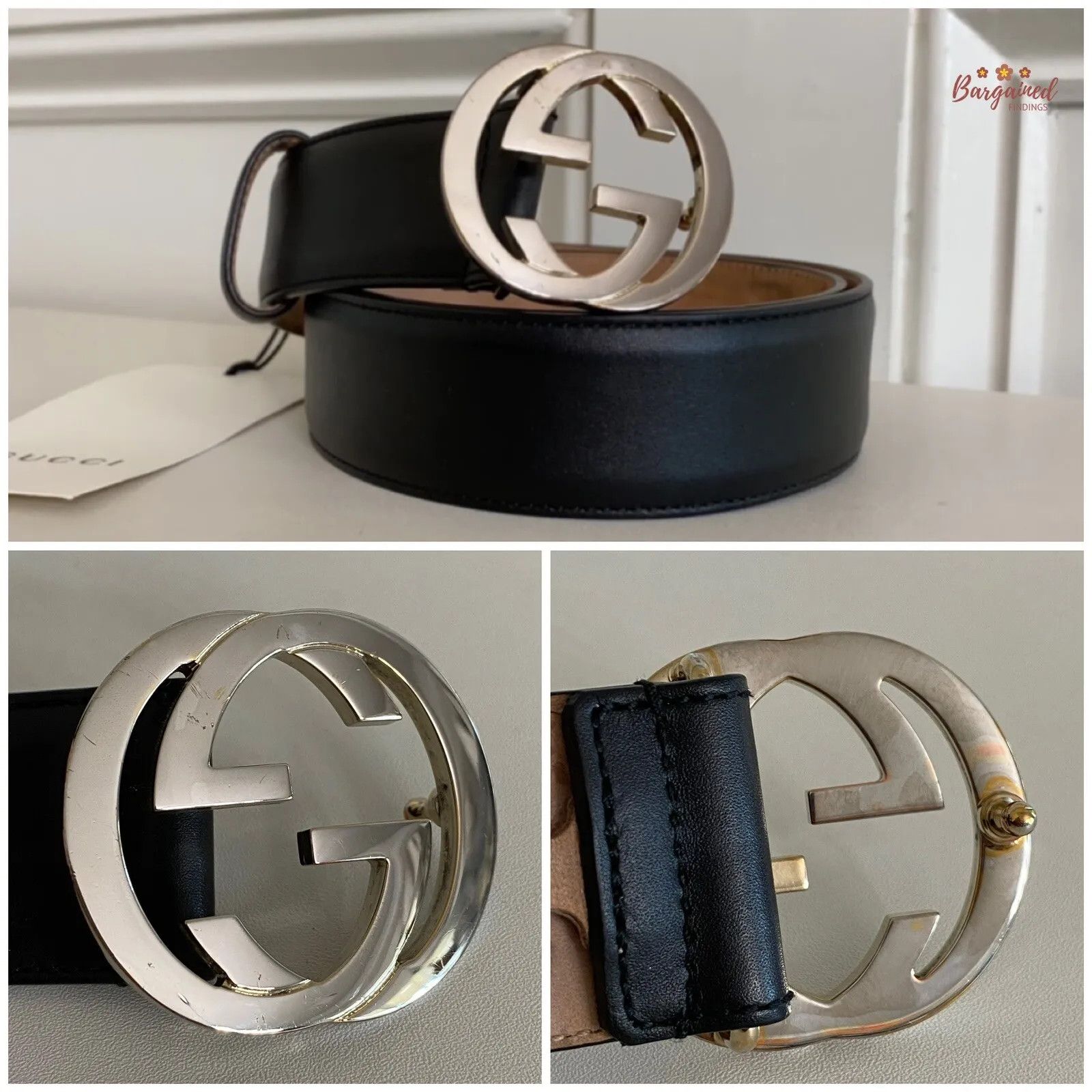 Gucci Calfskin Leather Silver Interlocking G Buckle Belt