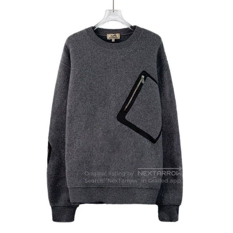 Hermes Hermes Dark Gray Pocket Leather Trimmed Wool Crewneck Long Size L / US 10 / IT 46 - 1 Thumbnail