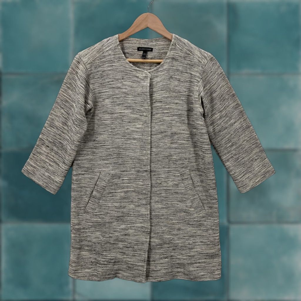 Eileen Fisher VINTAGE Eileen Fisher Coat XS Textured Knit Cotton Blend Snap Front Pockets Gray Striped Overcoat Womens XS Size XS / US 0-2 / IT 36-38 - 1 Thumbnail